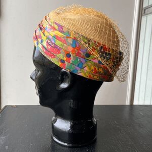 VTG 50s Straw Kentucky Derby Hat Colorful Pleated Band Net Veil Pillbox